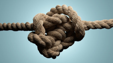 Intricate Knot Tied in Thick Rope Against a Soft Blue Backdropの写真素材