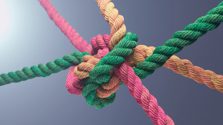 Colorful Braided Ropes Tied in a Complex Knot Against a Soft Gradient Backgroundの写真素材