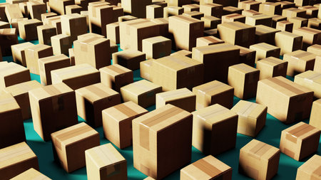 Warehouse of Cardboard Boxes: A Tightly Packed Shipping Environmentの写真素材
