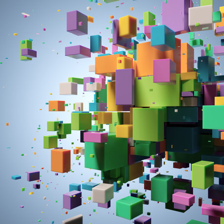 Colorful Cube Chaos: A Dynamic 3D Explosion on Light Blue Canvasの写真素材