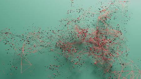 Interconnected Complexity: A Dance of Red Dots on Teal Depthの写真素材
