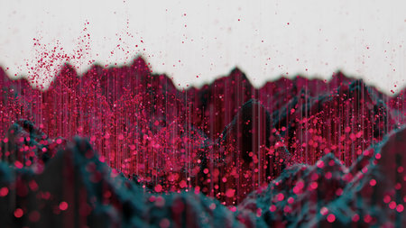 Serene Peaks: Ethereal Particles in a Vibrant Mountain Landscapeの写真素材