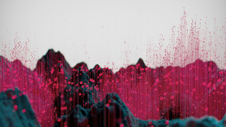 Vibrant Ascent: Energetic Particles Over Dark Mountain Landscapesの写真素材