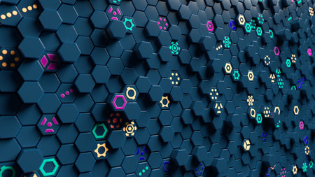 Hexagonal Geometric Abstract Pattern with Futuristic Technological Symbols