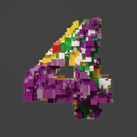 Colorful Pixelated 3D Letter 4 Composed of Vibrant Cubic Blocks