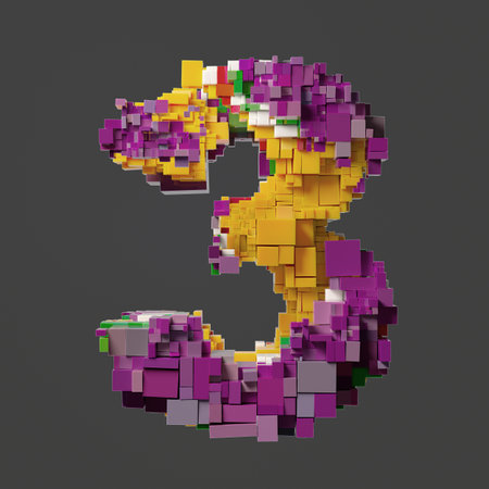 Colorful Pixelated 3D Letter 3 Composed of Vibrant Cubic Blocks