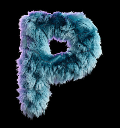 Creative Fur Letter P in Blue Standing on a White Backgroundの写真素材