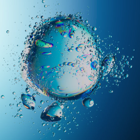 Abstract Iridescent Bubble with Surrounding Water Droplets on White Backgroundの写真素材