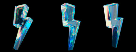 Glossy Iridescent 3D Lightning Bolt Shapes on a White Backgroundの写真素材