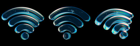 Glossy Iridescent WiFi Signal Icons Representing Technology and Network Strength