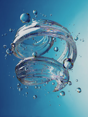Abstract Glass Swirl with Water Droplets on a Blue Background
