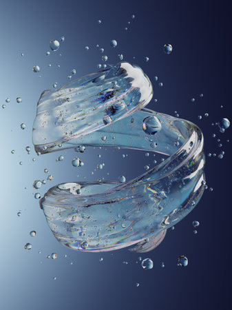 Dynamic Liquid Spiral With Transparent Water Droplets on White Backgroundの写真素材