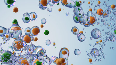 Abstract 3D Illustration of Bubbles With Colorful Elements Suspended in Liquid