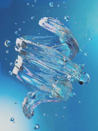 Abstract Glass Swirl with Water Droplets on a Blue Background