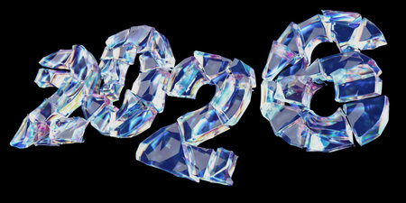 2026 made of broken glass shards on black background