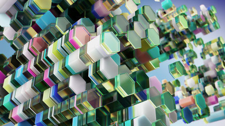 Colorful abstract 3D hexagons floating in futuristic digital space