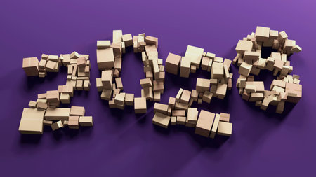 2025 made of cardboard boxes on purple backgroundの写真素材