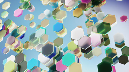 Colorful glowing 3D hexagons floating in abstract futuristic digital spaceの写真素材