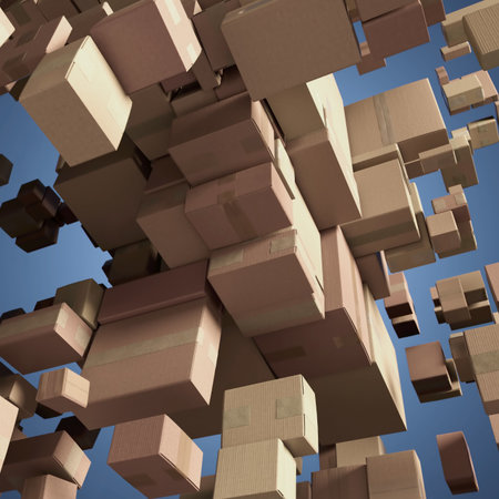 Cardboard boxes in abstract 3D space with stacked parcels, packaging background