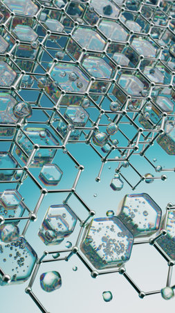 Futuristic Molecular Structure with Transparent Hexagons and Liquid Droplets