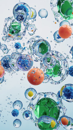 Colorful Microscope View of Vibrant Bubbles and Cells in a Liquid Medium