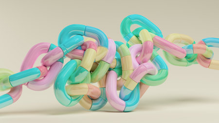 Vibrant Pastel Interwoven Chain Links: Abstract 3D Art of Colorful Connection and Knotの写真素材