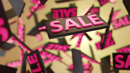 Vibrant Sale Signs Float In Air With Bright Pink Letters For Retail Promotionの写真素材