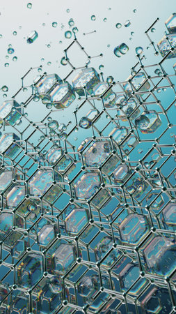 Futuristic Molecular Structure with Transparent Hexagons and Liquid Dropletsの写真素材