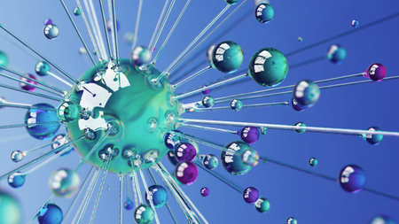 Abstract glass sphere with radiant connections and floating drops