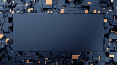 "Abstract Harmony: Black Panel Amidst Textured Blue and Gold Cubes"の写真素材
