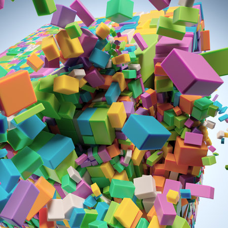 Geometric Burst: A Vibrant Fusion of 3D Shapes in Bold Colorsの写真素材
