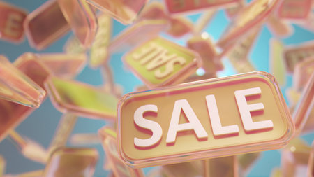 Bright Sale Signs Float In A Colorful Sky, Promoting Discounts And Shopping Dealsの写真素材