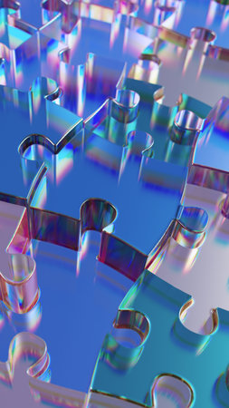 Metallic Puzzle Pieces: Iridescent Interlocking Shapes Create Colorful Abstract Art and Designの写真素材