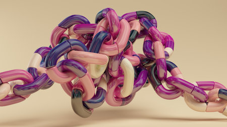 Colorful Interwoven Chain Links: Glossy, Abstract Design in a Soft Beige Studio Backdropの写真素材