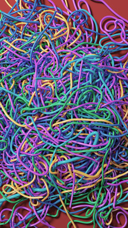 Vibrant Chaos: A Tangle of Colorful Rubber Bands on Contrasting Backgroundの写真素材