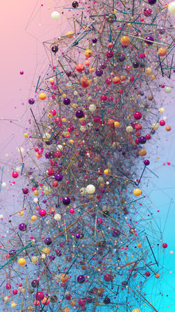 Interwoven Connections: Vivid Spheres on a Gradient Pink-Blue Canvas