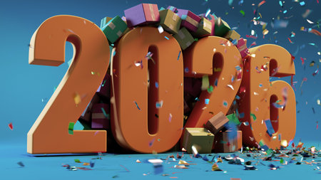 Vibrant 2026 New Year Celebration With Large Orange Numbers, Confetti and Gift Boxes