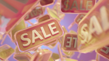 Bright Sale Signs Float In A Colorful Sky, Promoting Discounts And Shopping Dealsの写真素材