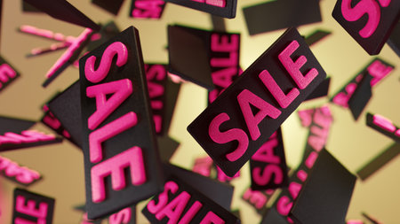 Vibrant Sale Signs Float In Air With Bright Pink Letters For Retail Promotionの写真素材