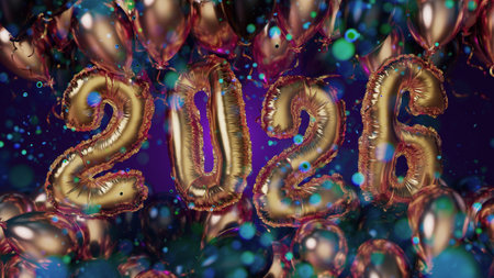 Golden 2025 Balloons Celebration With Confetti, Colorful Background, Festive New Year Atmosphereの写真素材