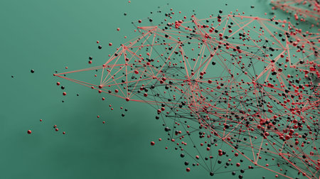 Dynamic Connections: A Black and Red Geometric Network on Aqua Background