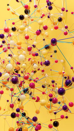 Vibrant Web: Colorful Spheres Linked on a Bright Yellow Canvasの写真素材