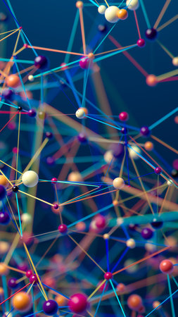 Interconnected Spheres: A Vibrant Network on a Serene Blue Canvasの写真素材