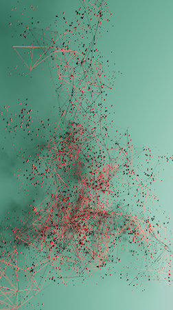 Interconnected Complexity: A Dance of Red Dots on Teal Depthの写真素材
