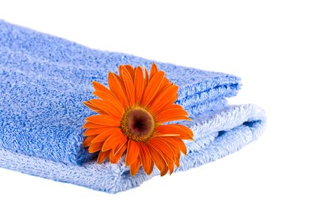 Blue soft fluffy towels, Flower on a white backgroundの写真素材