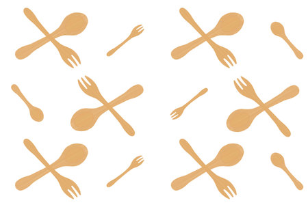Pattern of wooden bamboo spoons and forks on a white background. The concept of ecology, environmental protection, waste recycling. Vector image.のイラスト素材