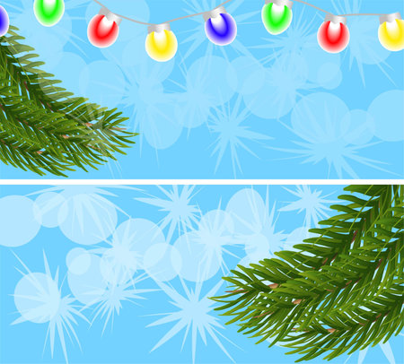 Two white and blue banners with snowflakes, fir branches and a garland. Concept of christmas and new year. Vector imageのイラスト素材