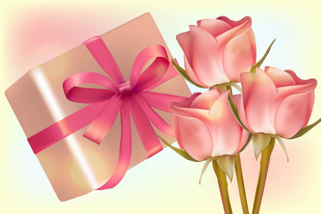 Three roses and a gift box on a light background. Universal holiday background. Vector imageのイラスト素材