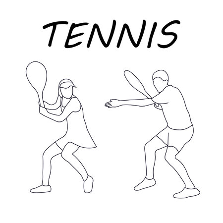 Tennis player and woman tennis player. Outline drawing. Coloring book for children. Sports concept. Vector image.のイラスト素材