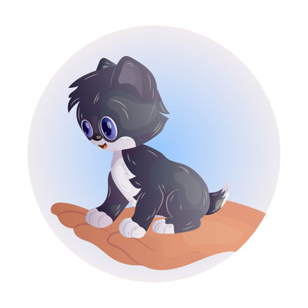 Cute cartoon kitten sitting on the hand. Concept of love and care. Vector image.のイラスト素材